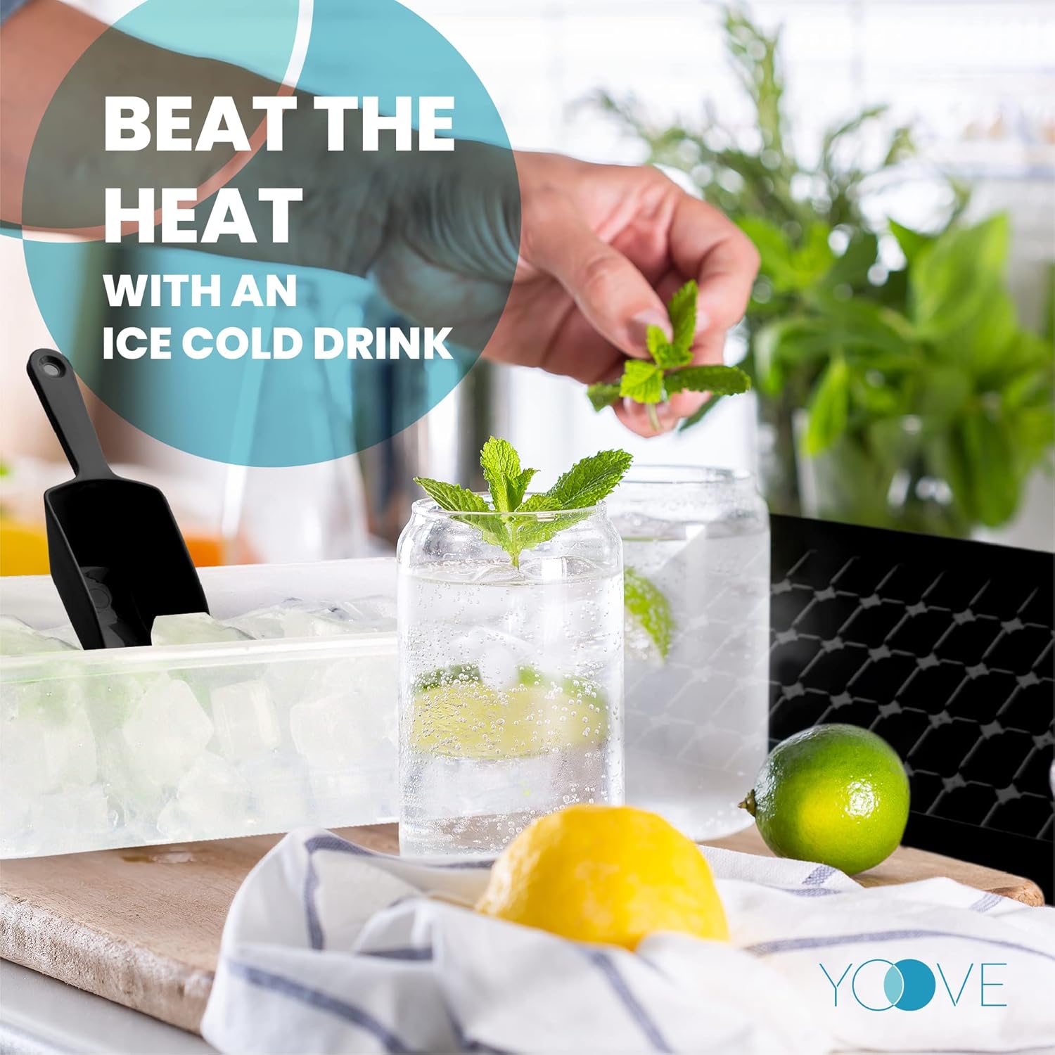 Yoove Juego de bandejas de silicona para cubitos de hielo, incluye tapa antiderrames, cubo con tapa y cuchara, sin BPA, fácil de liberar, bandeja de