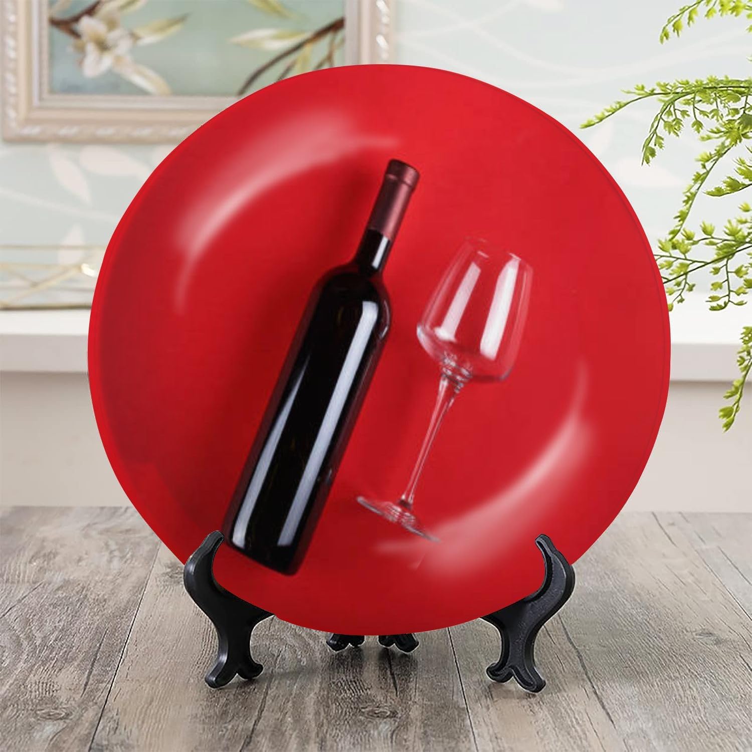 Placa de cerámica para colgar en la pared, botella de vino, vidrio vacío, pintura roja, placa decorativa, placa de porcelana para sala de estar,