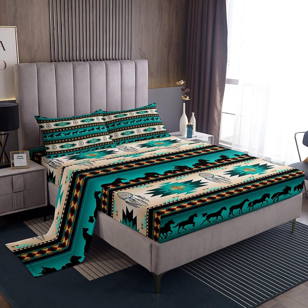Juego de sábanas para cama de caballos, atrapasueños para niños, adolescentes, hombres, hombres, sábana bajera con estampado de caballos tribales