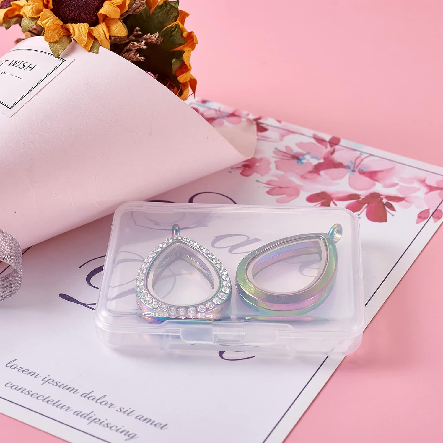 Pandahall – Dijes de diamantes de imitación para fotos, medallón flotante de memoria, caja de fotos de cristal, colgantes de doble cara para ramo de