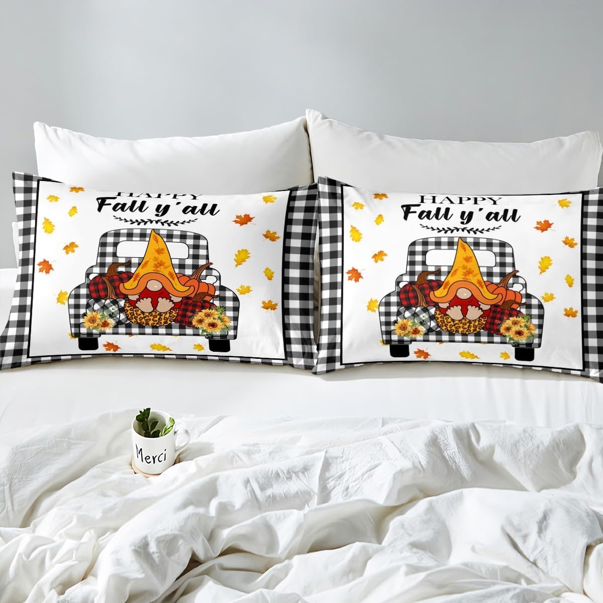 Manfei Juego de funda de edredón de gnomo de otoño, tamaño King, funda de edredón de calabaza a cuadros de leopardo con 2 fundas de almohada, juego