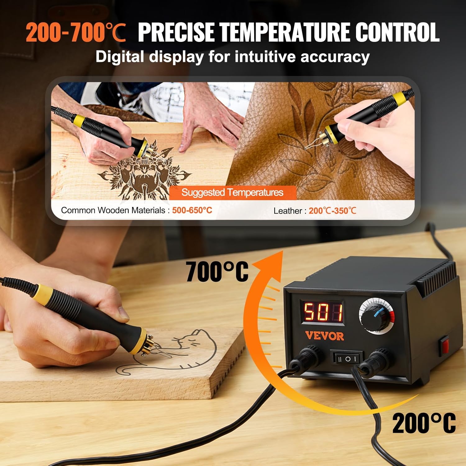 VEVOR Kit de combustión de madera, temperatura ajustable de 200  1,292.0 F con pantalla, puerto de salida doble con 2 bolígrafos de pirografía, 23