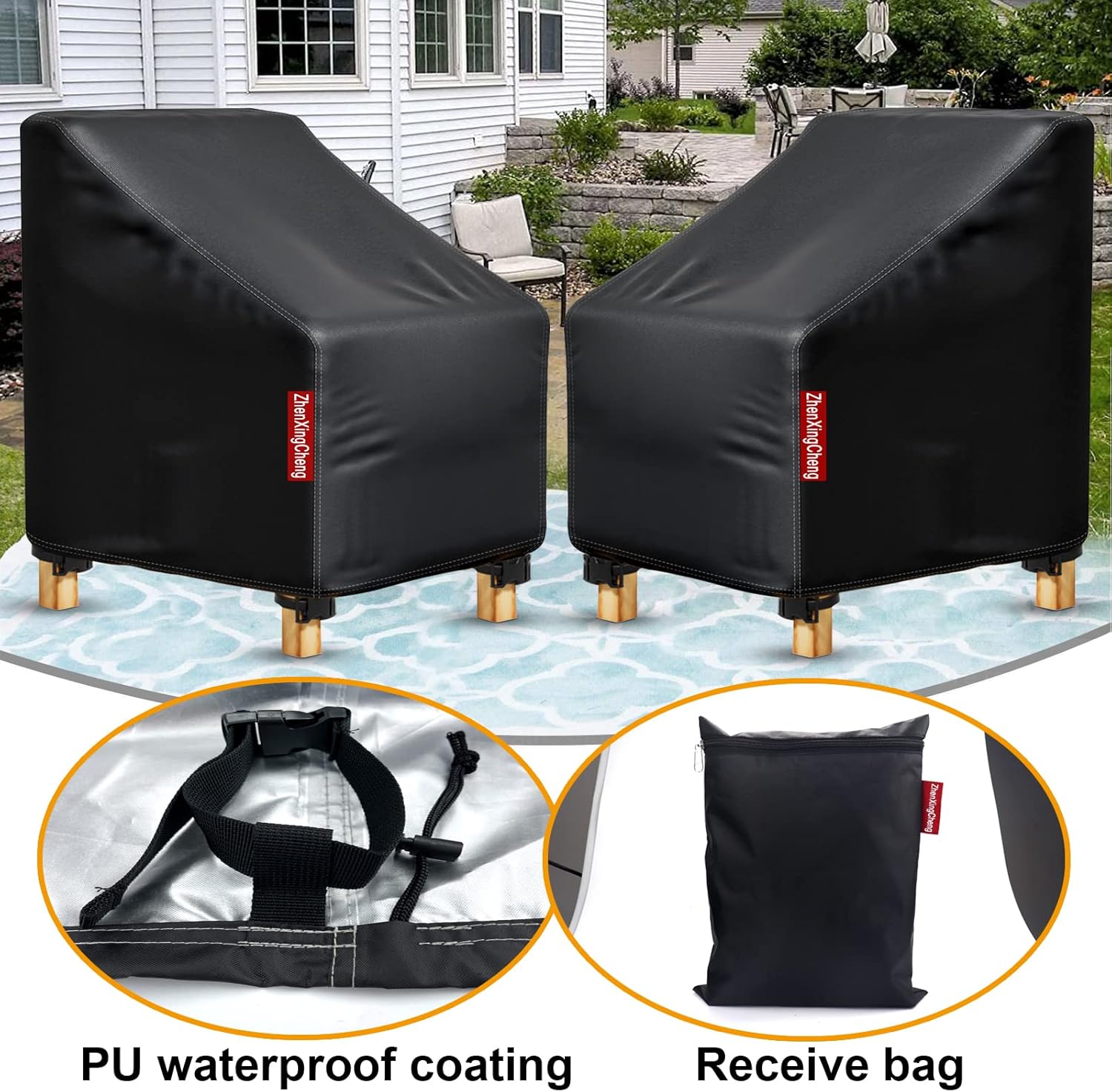 Paquete de 2 fundas para sillas de patio, fundas para muebles de exterior con tira impermeable, se adapta como funda de asiento profundo para sala