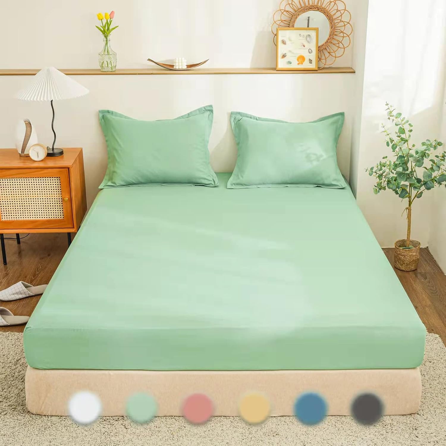 Sábanas bajeras de tamaño Queen, color verde frijol, supersuaves, transpirables, cómodas, de color sólido, sábanas bajeras de bolsillo extra