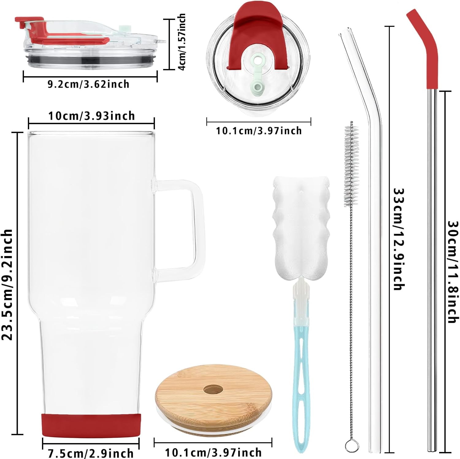Vaso de vidrio con tapa y popotes, taza de vidrio de 40 onzas con asa, vasos para beber con posavasos de silicona, taza de agua de vidrio, taza de