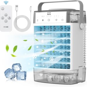 DUDIFFY Aire acondicionado portátil, unidad de CA portátil 4 en 1 con control remoto, enfriador de aire evaporativo de doble tanque de 54.1 fl oz, 7 DUDIFFY Aire acondicionado portátil, unidad de CA portátil 4 en 1 con control remoto, enfriador de aire evaporativo de doble tanque de 54.1 fl oz, 7