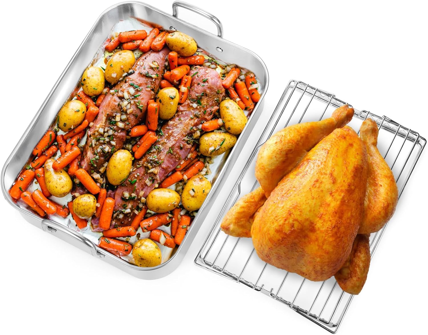 TOPZEA Sartén para asar de acero inoxidable con estante, sartén rectangular clásica de 16 pulgadas con parrilla y mango 2 en 1, sartén grande para