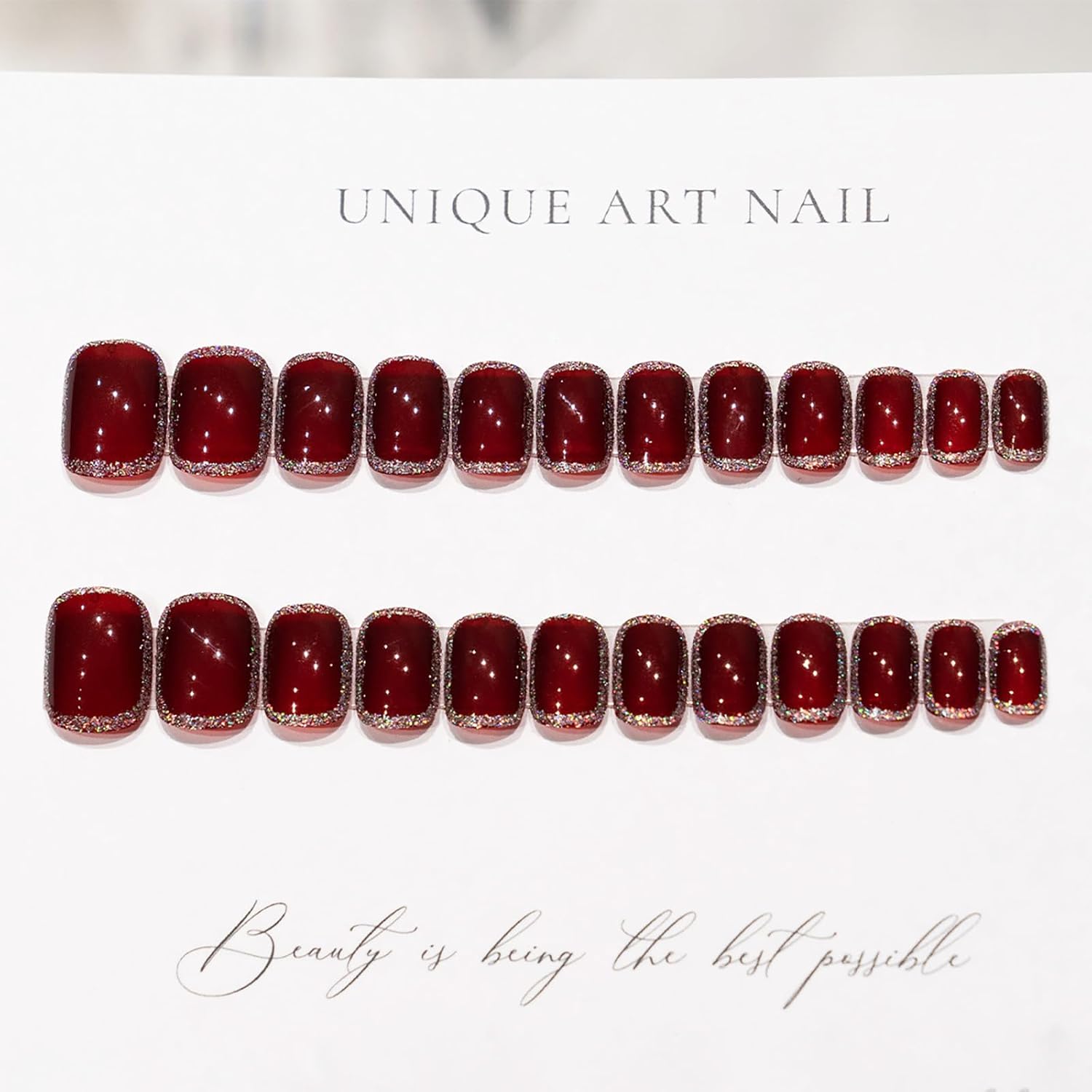 Uñas postizas cortas a presión, uñas postizas cuadradas color rojo vino con purpurina, uñas postizas de otoño e invierno, uñas acrílicas brillantes,