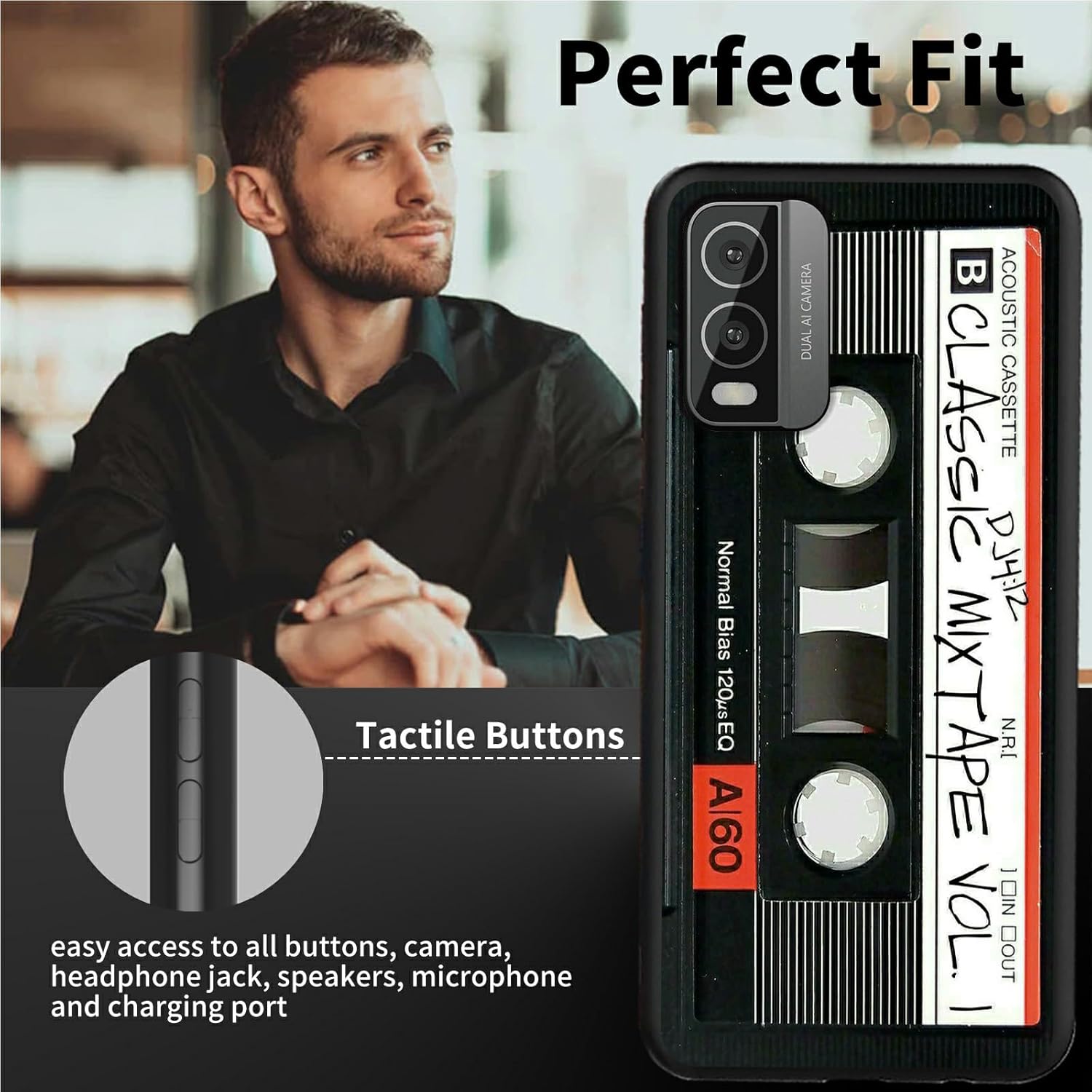 Funda de teléfono para Nokia C210 para Nokia C210 2023 Cassette de audio retro, patrón elegante para mujer, diseño delgado y suave de goma de