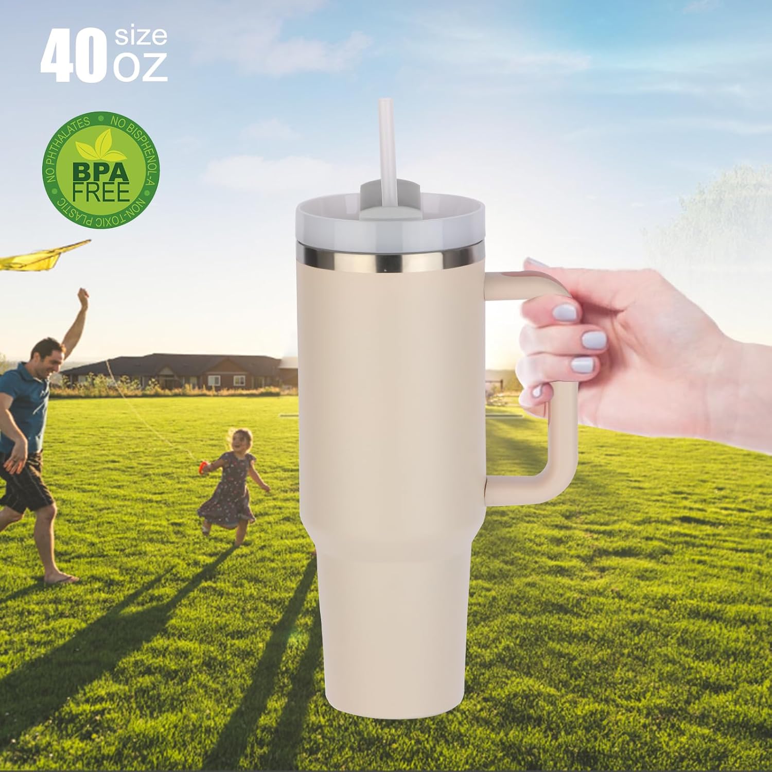 YTTL Vaso de 40 onzas con asa y popote, vaso aislado de 40.6 fl oz, reutilizable, acero inoxidable, aislamiento térmico, vaso a prueba de fugas,