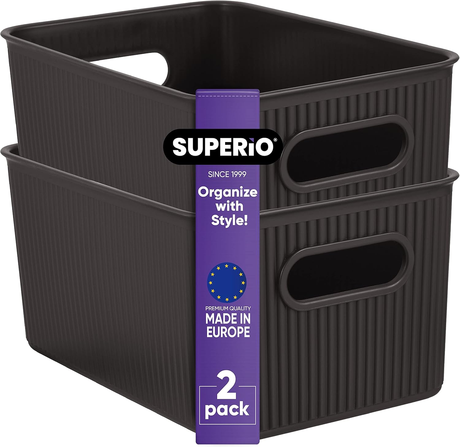 Superio Ribbed Collection  Canastas organizadoras de plástico decorativas abiertas para el hogar, color marrón medio (paquete de 2) cajas de