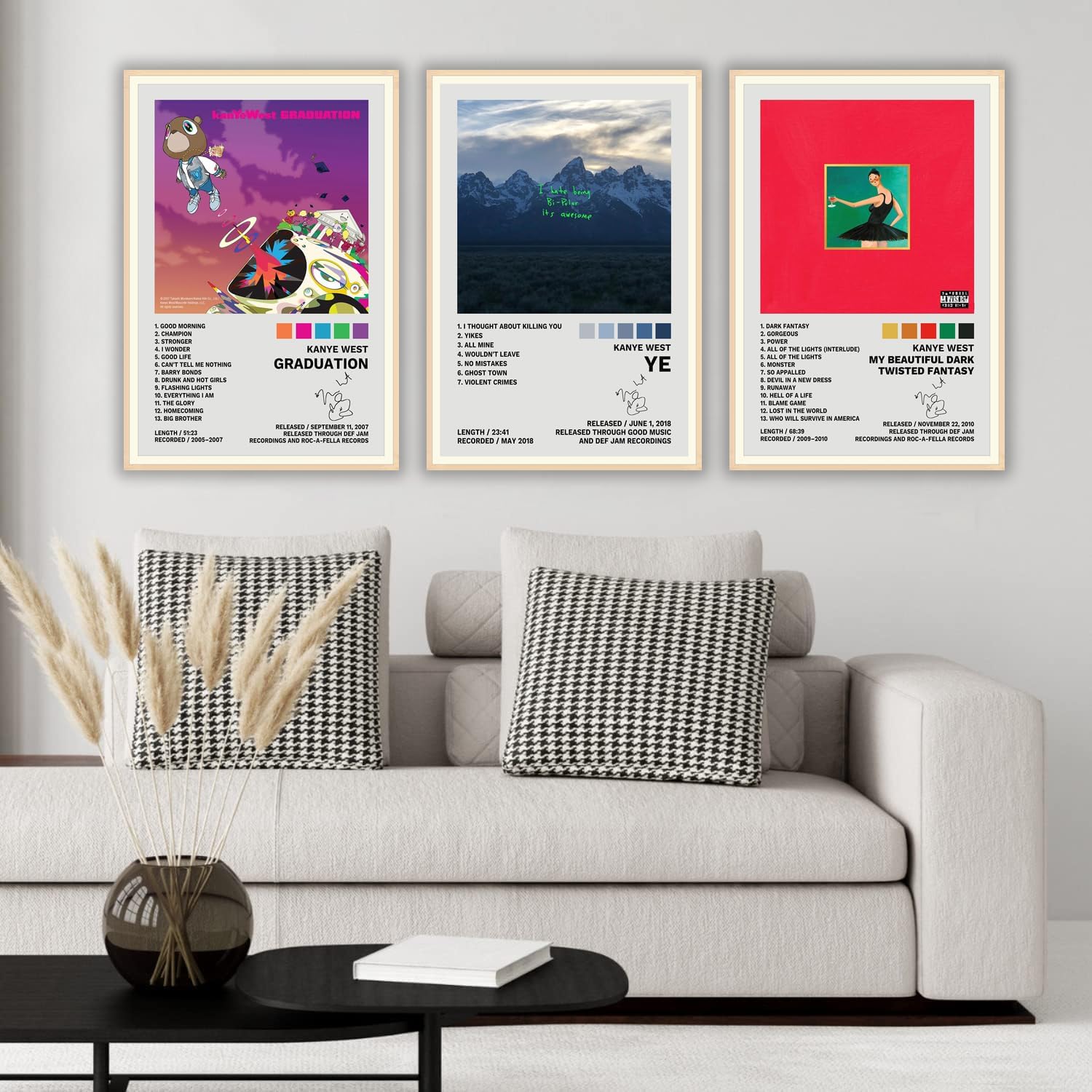 JINOS Póster de Kanye West – Juego de 3 pósteres de lienzo para álbum, pintura decorativa, pósteres de pared e impresiones artísticas modernas para