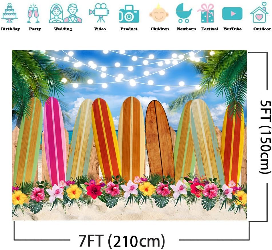AIIKES Telón de fondo de tabla de surf hawaiana de 7 x 5 pies, telón de fondo de fotografía de playa de verano, decoración de fiesta de cumpleaños