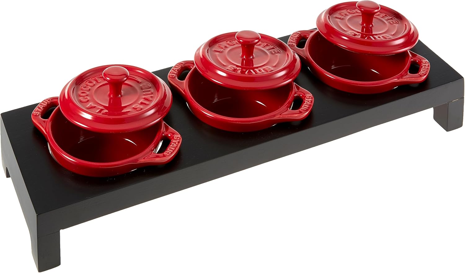 Staub Cerámica 3-pc Mini Round Cocotte Set con Soporte – Cereza
