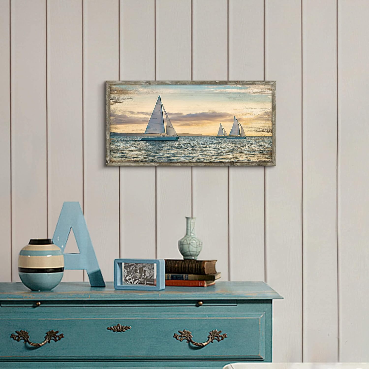 Arte de pared de madera enmarcada en la costa pintura del océano, barcos de vela, decoración de puesta de sol, paisaje marino, impresiones para