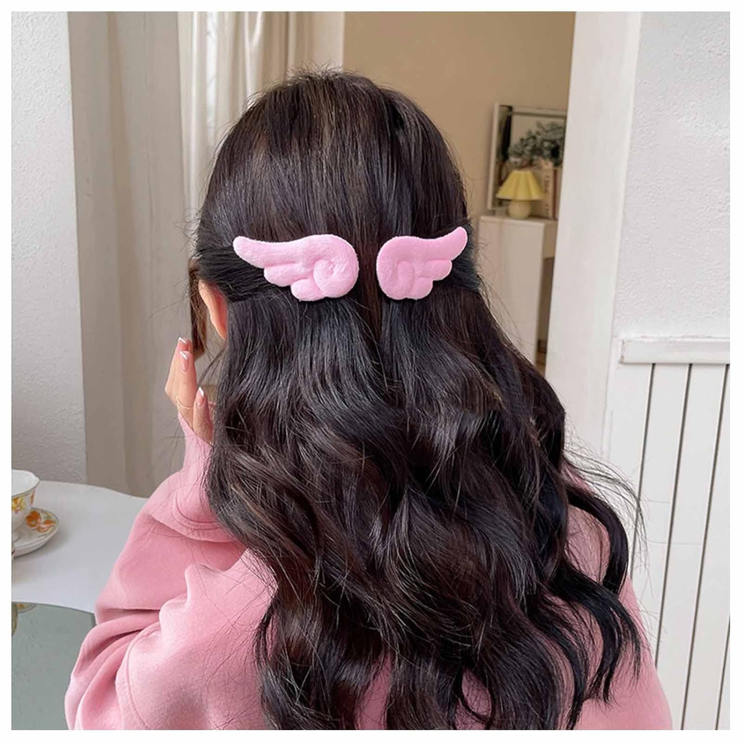 Pinzas para el pelo vintage con alas de ángel de felpa rosa, pasadores de pelo de ala de ángel de dibujos animados franceses, pinzas de pelo