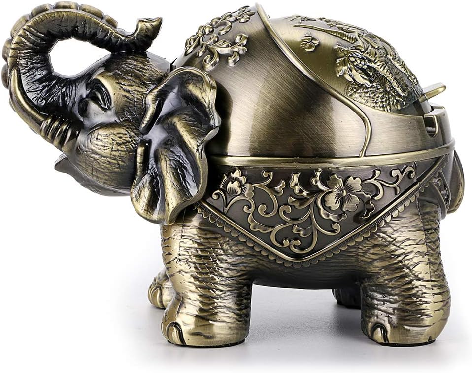 Hipiwe Cenicero de elefante resistente al viento con tapa, soporte de cenicero de metal de escritorio para uso en interiores o exteriores, bandeja