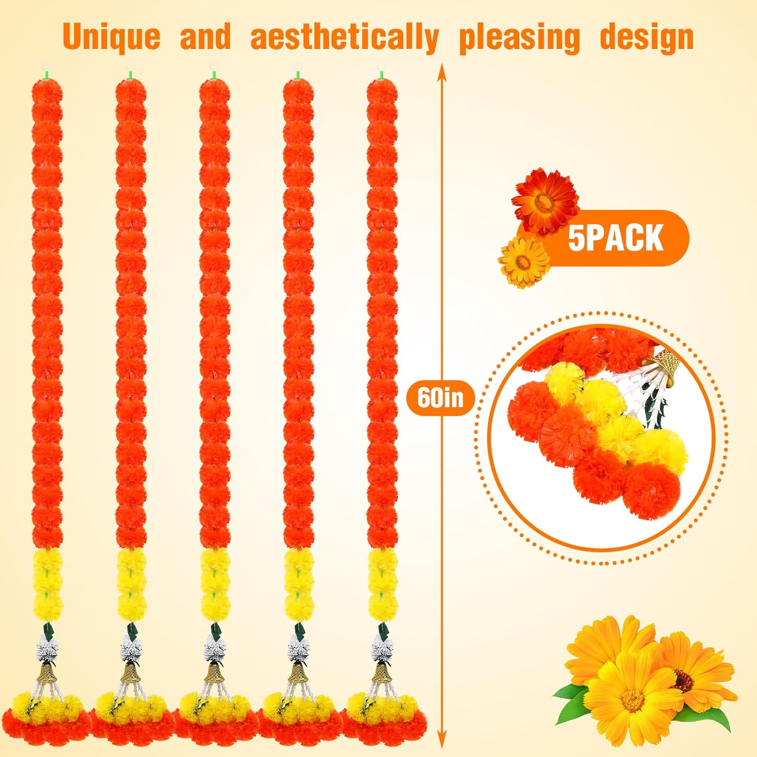 5 guirnaldas de caléndula para decoración de flores artificiales de caléndula de 5 pies de largo, decoración tradicional india, guirnaldas largas