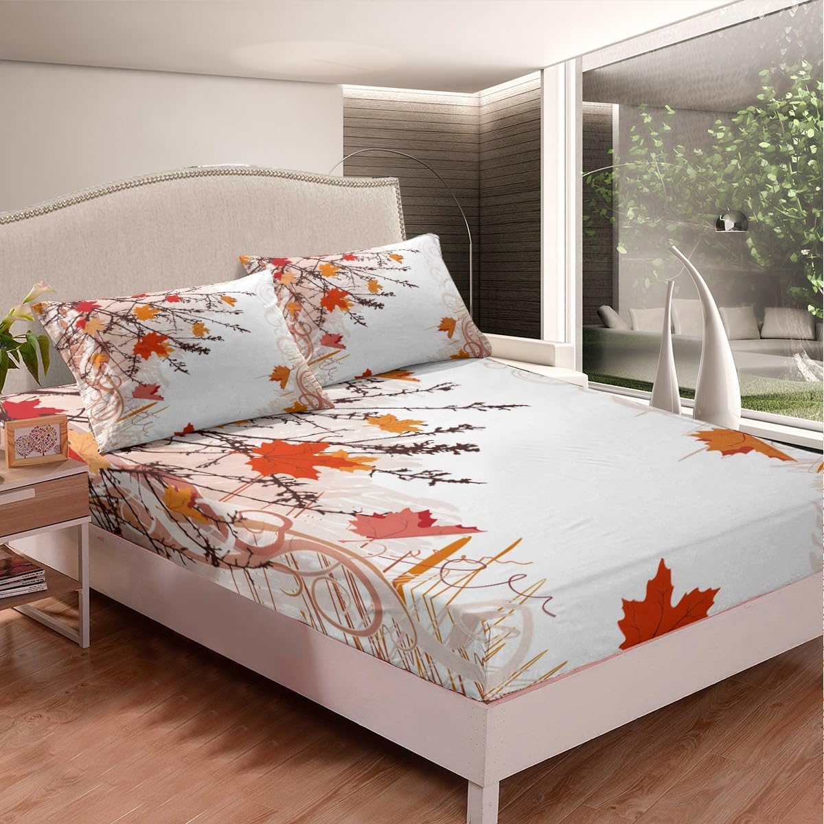 Juego de sábanas de otoño de Acción de Gracias, tamaño King, ropa de cama de granja naranja, juego de sábanas de hojas de arce otoñal, sábanas de