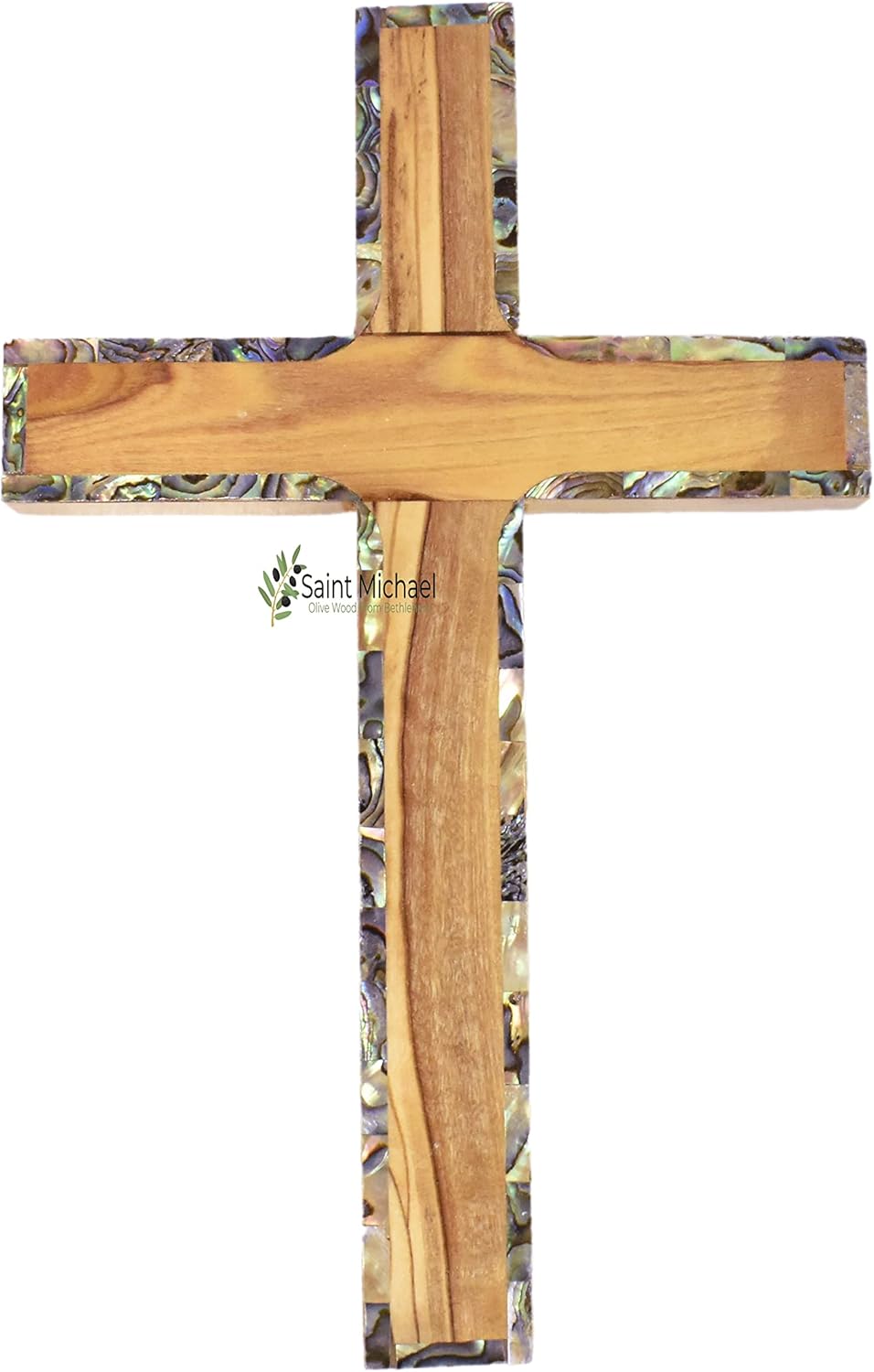 SAINT MICHAEL OLIVE WOOD FROM BETHLEHEM Cruz de pared de madera de olivo de 6 pulgadas con diseño de nácar, cruces de tierra santa de Belén