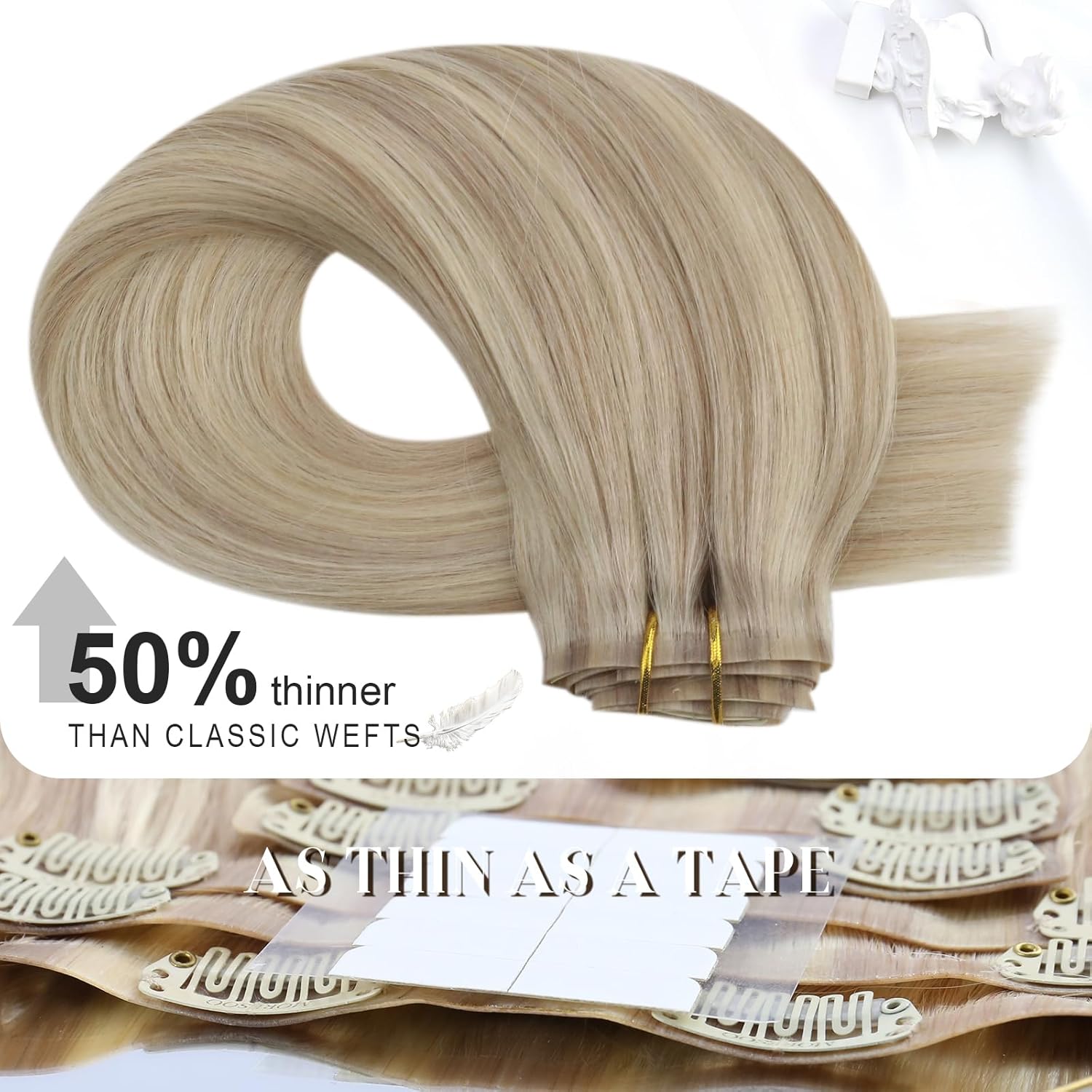 Moresoo Extensiones de cabello humano con clip, sin costuras, color rubio ceniza con reflejos rubios, extensiones de cabello humano real Remy con