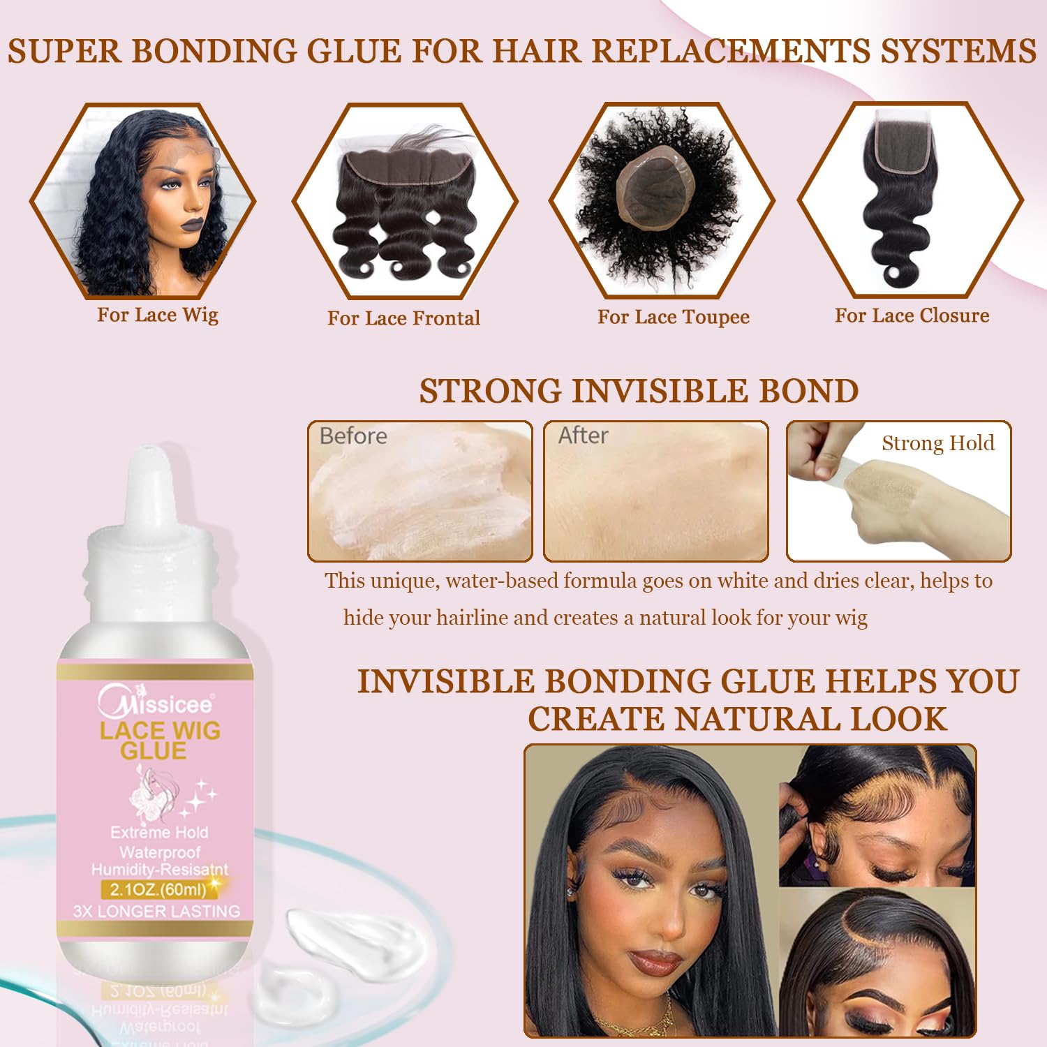 Missicee – Pegamento para peluca de encaje, pegamento de encaje para pelucas de encaje frontal, kit de pegamento adhesivo de peluca frontal de