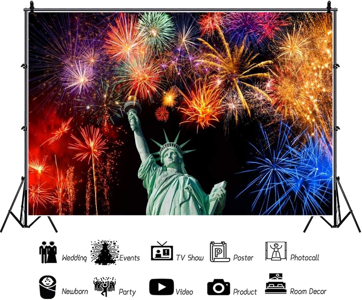 YongFoto Vinilo 4.9 x 31.5ft Estatua de la Libertad Fondo Brillante Fuegos Artificiales de Gran América, Decoración al aire libre, Fiesta