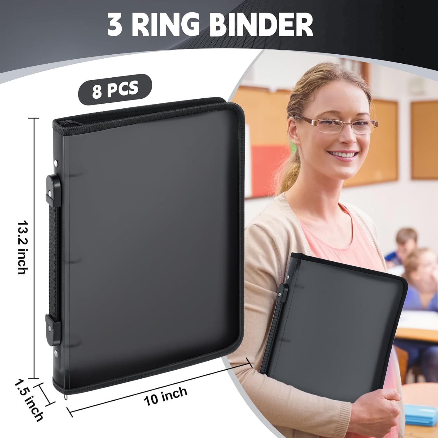 Teling Paquete de 8 carpetas con cremallera con cubierta de 3 anillos, organizador de archivos de plástico transparente recargable, planificador