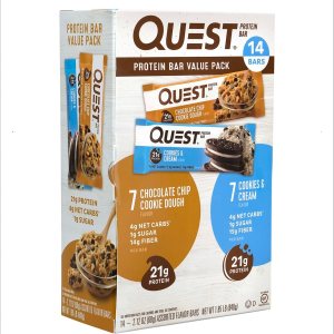 Quest Protein Bar Value Pack 14 barras, masa de galletas con chispas de chocolate y crema de galletas, 0.04 oz de azúcar, 0.74 oz de proteína Quest Protein Bar Value Pack 14 barras, masa de galletas con chispas de chocolate y crema de galletas, 0.04 oz de azúcar, 0.74 oz de proteína