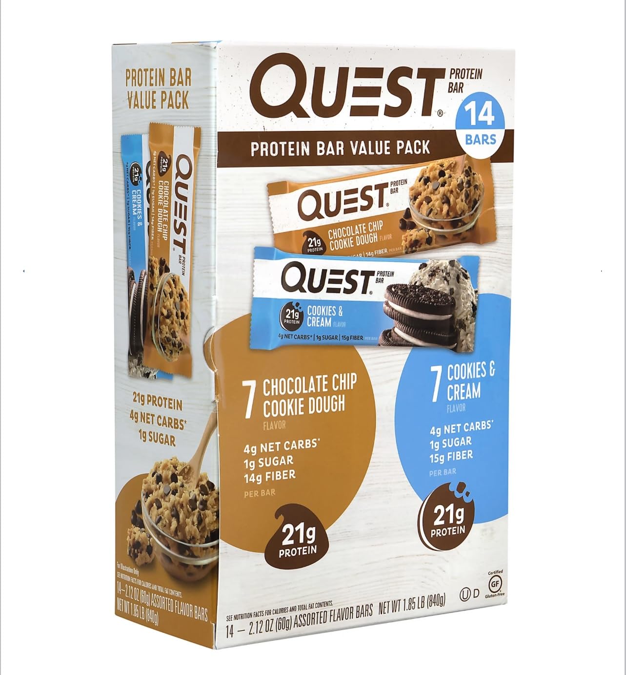 Quest Protein Bar Value Pack 14 barras, masa de galletas con chispas de chocolate y crema de galletas, 0.04 oz de azúcar, 0.74 oz de proteína