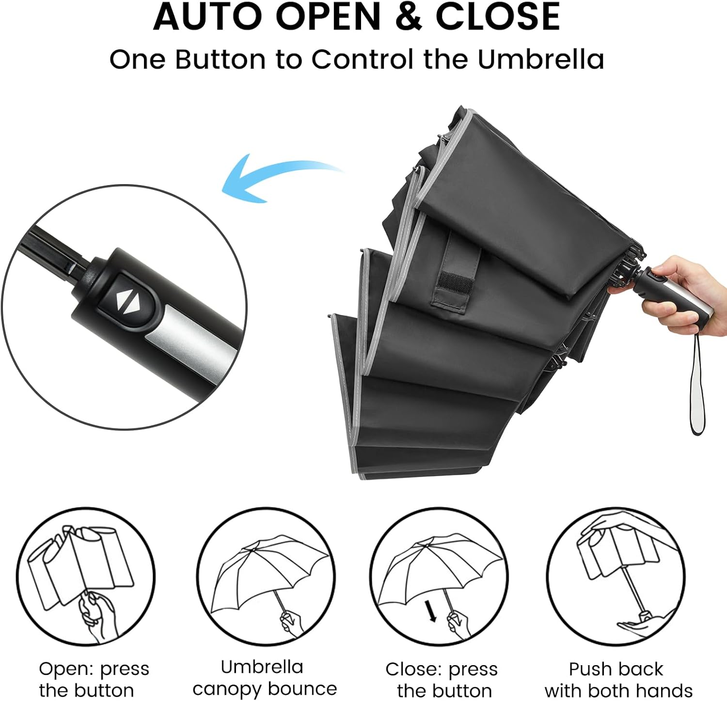 G4Free Paraguas invertido resistente al viento de 62 pulgadas con rayas reflectantes, paraguas grande y compacto de golf para lluvia, 10 varillas,