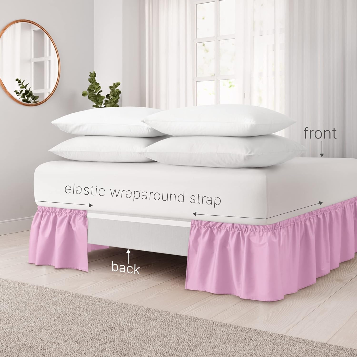 CGK Linens – Falda de cama envolvente con volantes, color rosa claro, para camas de tamaño individual con caída de 24 pulgadas, correa elástica de