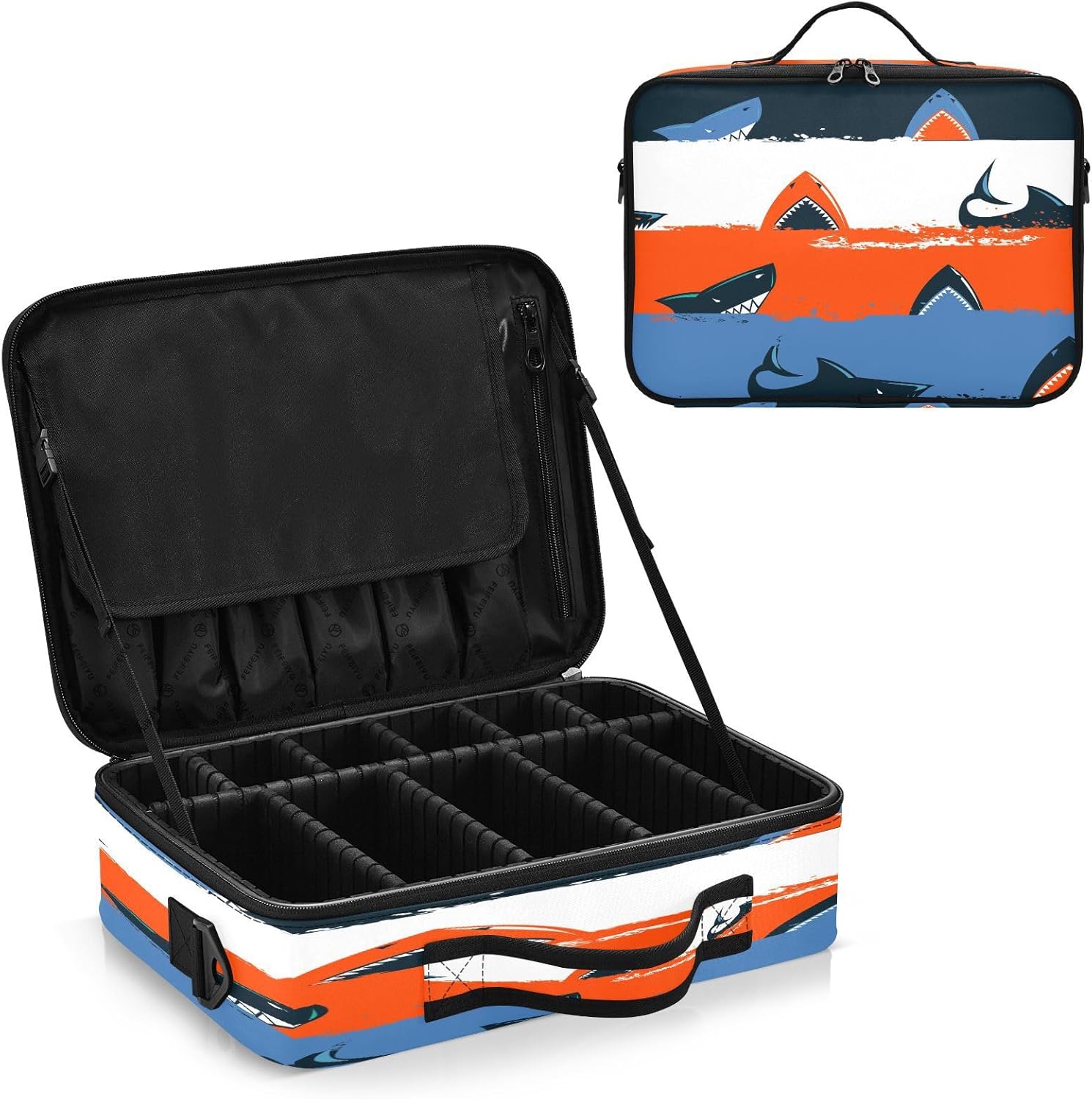 Bolsa de cosméticos roja de dibujos animados de tiburón, bolsa de viaje grande con compartimentos, bolsa de maquillaje portátil, neceser de viaje