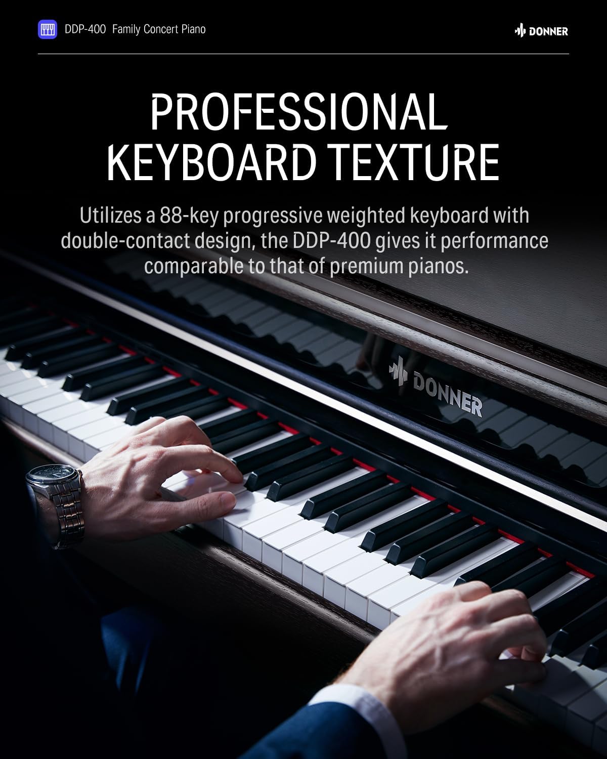 Donner DDP-400 Piano digital con teclado progresivo de 88 teclas, teclado vertical premium para profesionales, paquete con auriculares, Bluetooth,