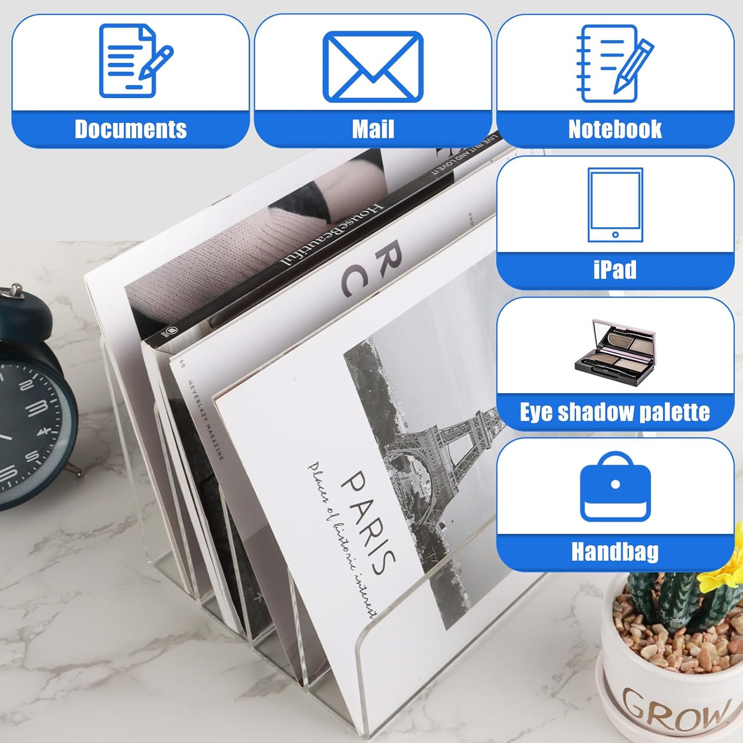 Soporte para archivos de acrílico de 4 secciones, organizador de archivos de acrílico transparente para escritorio, organizador de correo