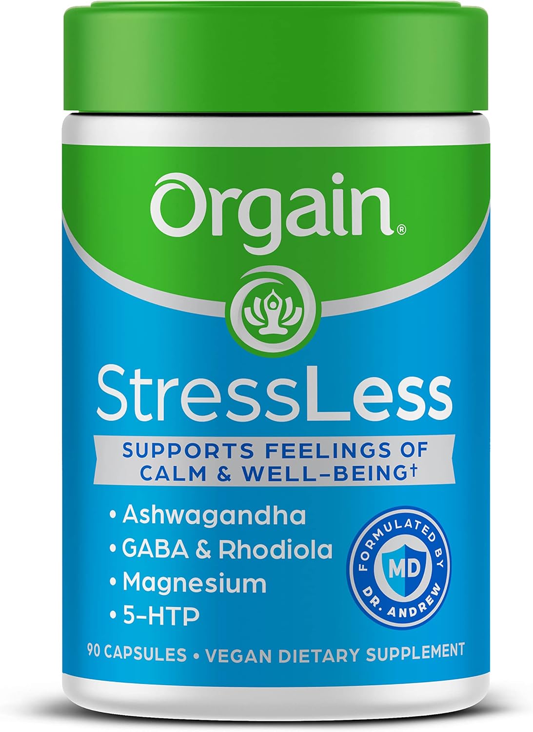 Orgain Suplemento para aliviar el estrés y el estrés, mezcla de magnesio, bálsamo de limón, GABA, 5 HTP, Rhodiola Rosea, Ashwagandha y manzanilla,