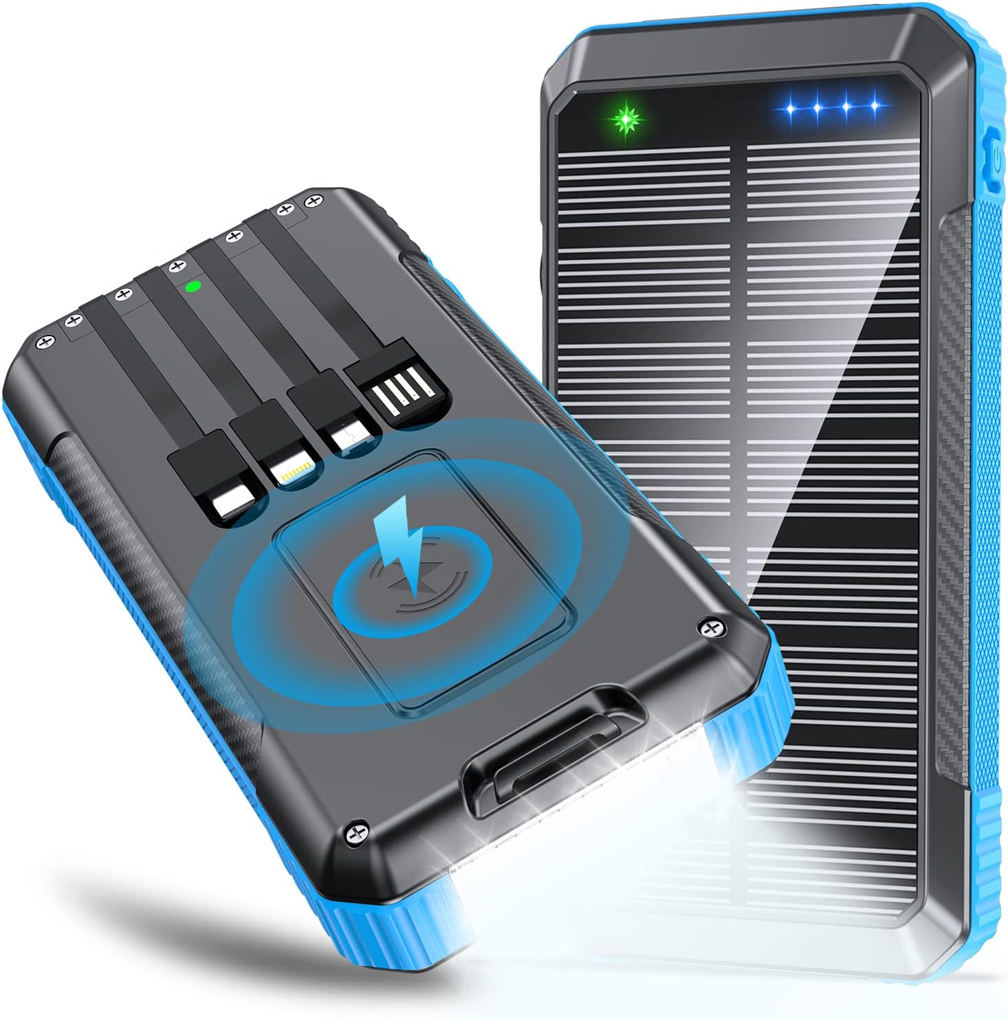 Banco de energía solar cargador inalámbrico 33800mAh integrado 4 cables y luces LED de campamento 22.5 W carga rápida banco de energía 7 salidas 4