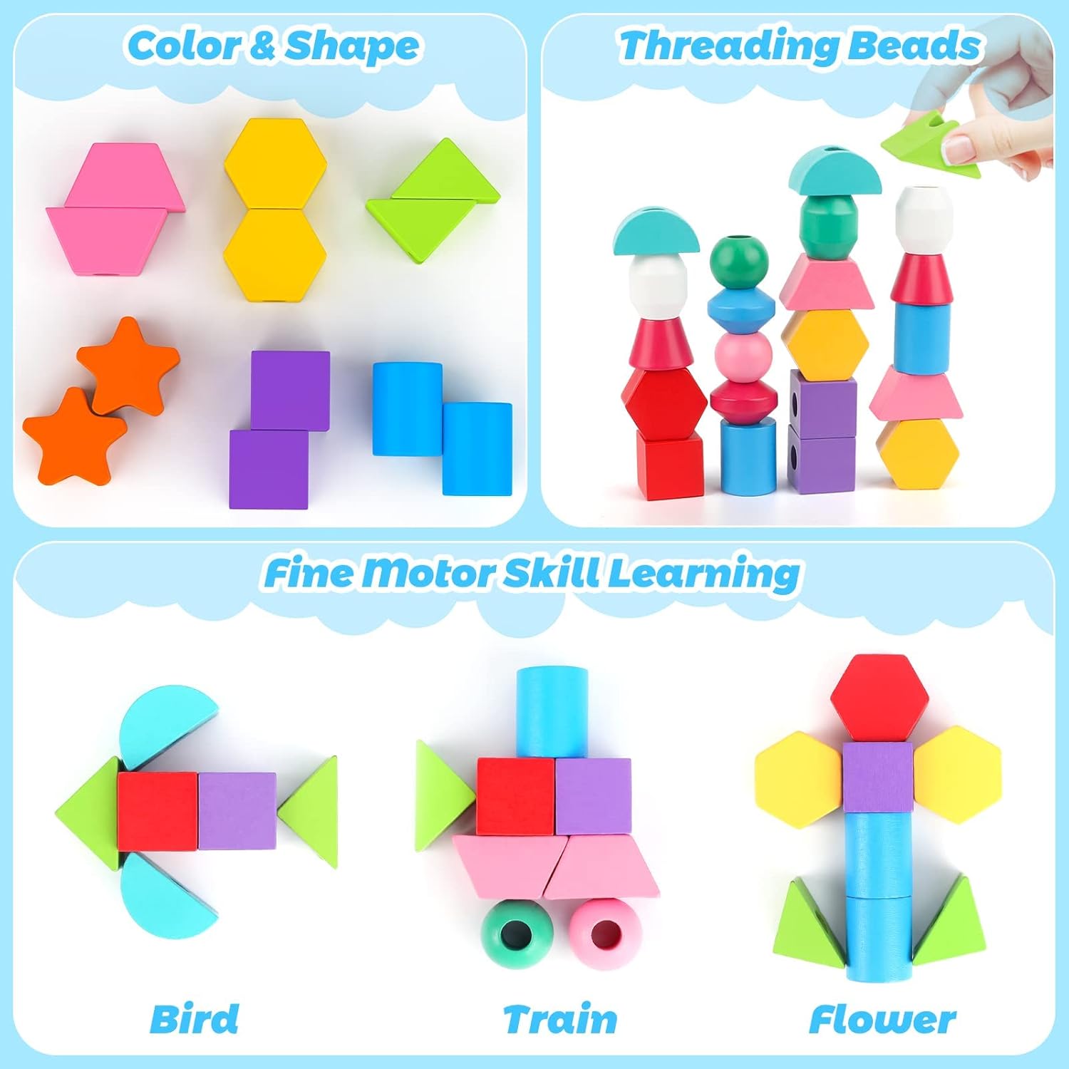 Educational Montessori Toy Set – Wooden Beads Sequencing, Stacking Blocks, Lacing Beads & Shape Stacker – STEM Learning for 3 4 5 Year Olds for Kids!