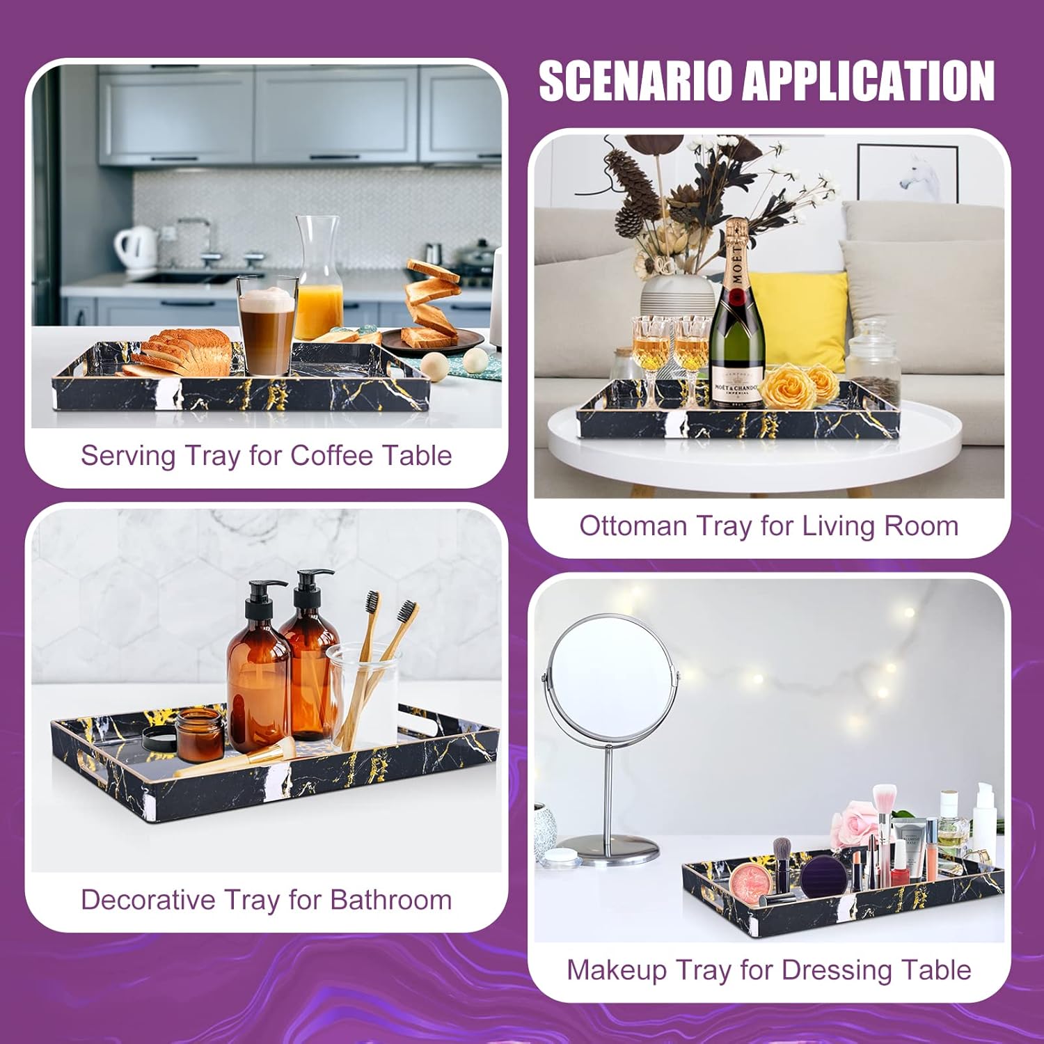 Gifturbo Bandeja negra para servir, bandejas decorativas de mármol con asas, bandeja de mesa auxiliar, bandejas de plástico rectangulares otomanas