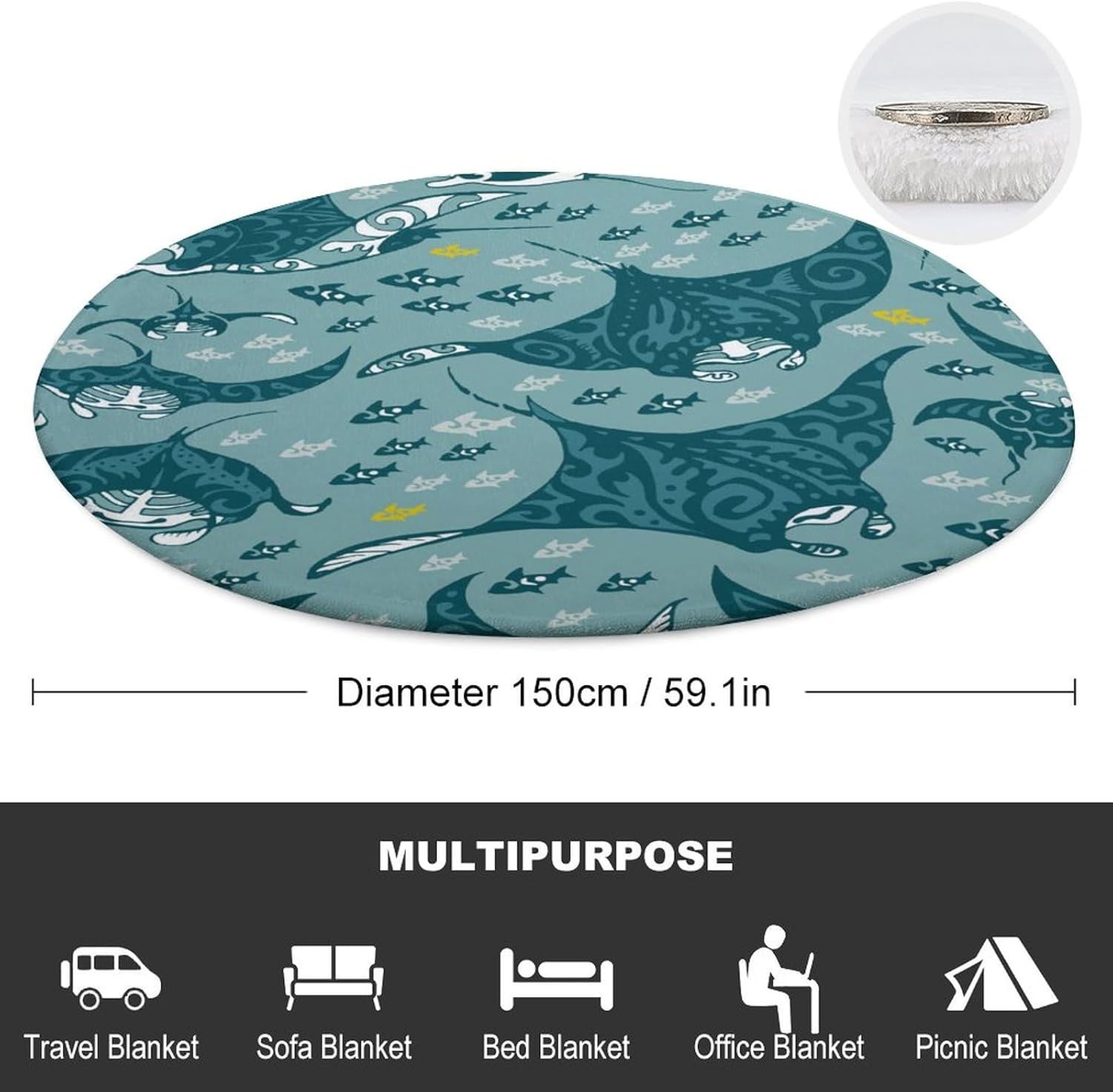 Sea Depth Manta redonda con diseño de peces y rayas para sofá, cama, manta decorativa estética para viajes, camping, manta cómoda, 60 pulgadas