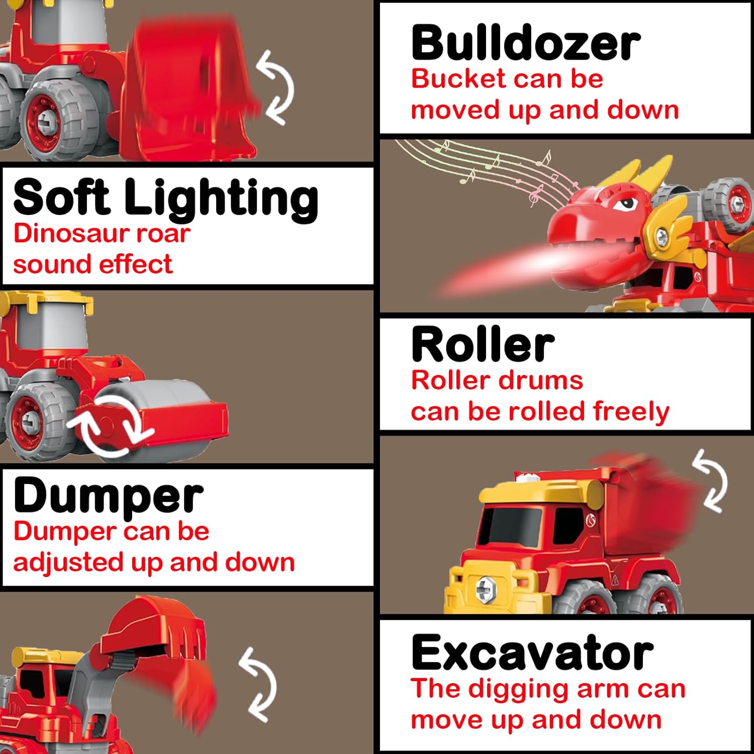 CREAMKIDS – Juego de auto de ingeniería desarmable, 5 en 1, vehículos de construcción, se transforma en robot de pterosaurio, juguete de