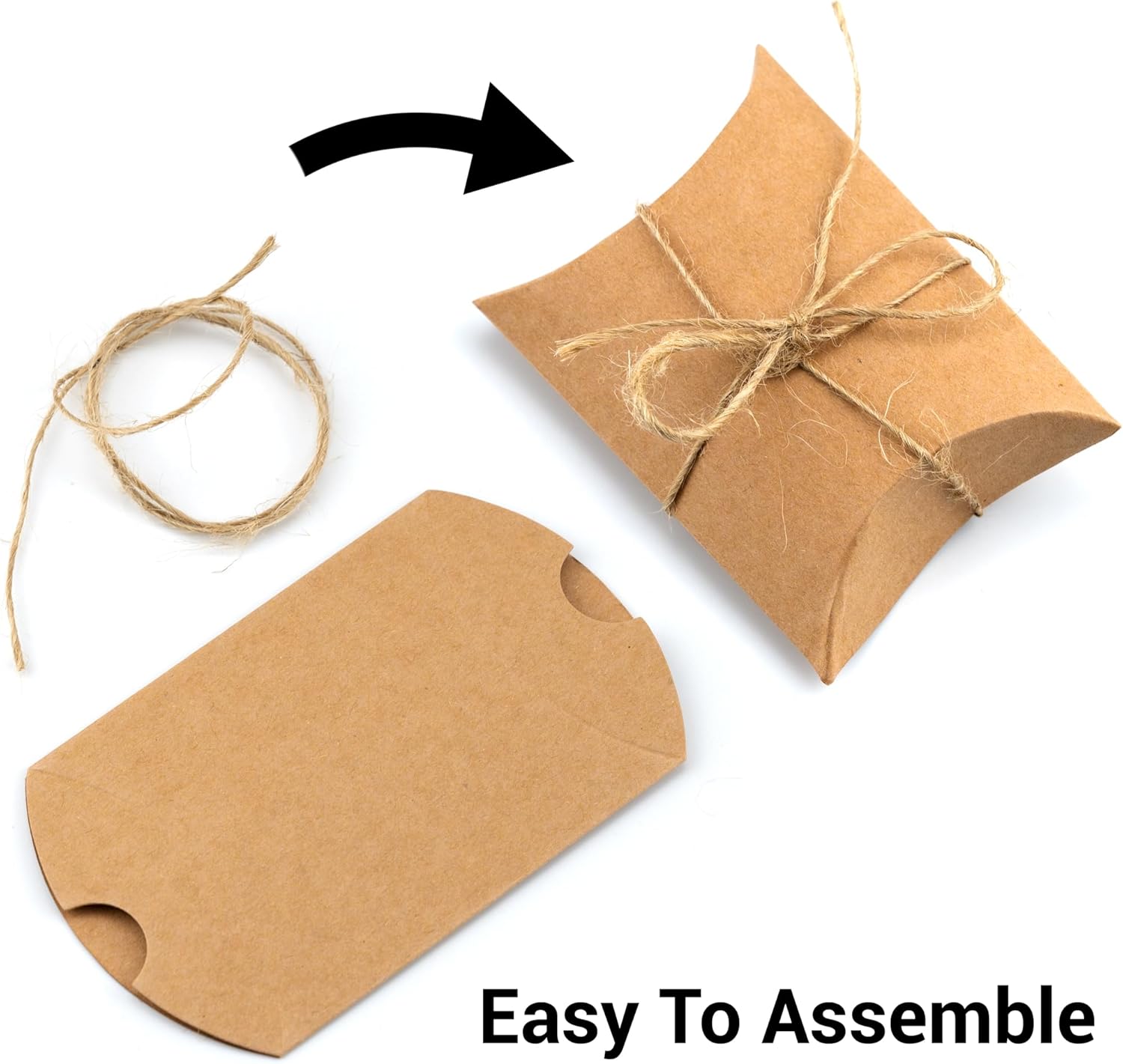 IFAMIO 50 cajas de regalo de almohada de papel kraft con cuerda de yute, pequeñas cajas de dulces para regalo de joyas, embalaje de jabón, mini caja