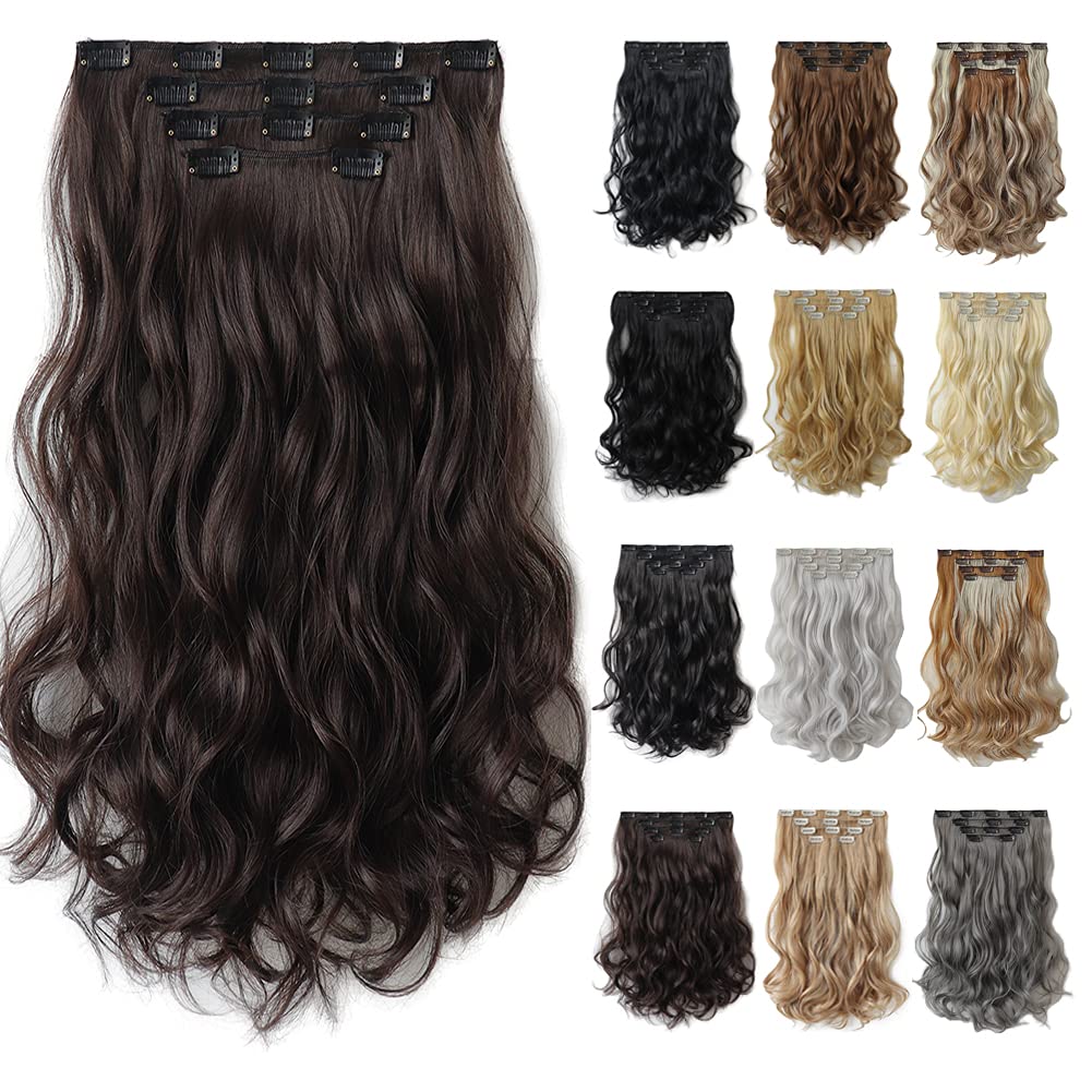 Extensión de cabello castaño oscuro, extensiones de cabello con clip, de 18 pulgadas, ondulado, sintético, 5.5 onzas, HSPCYGG de 22 pulgadas,