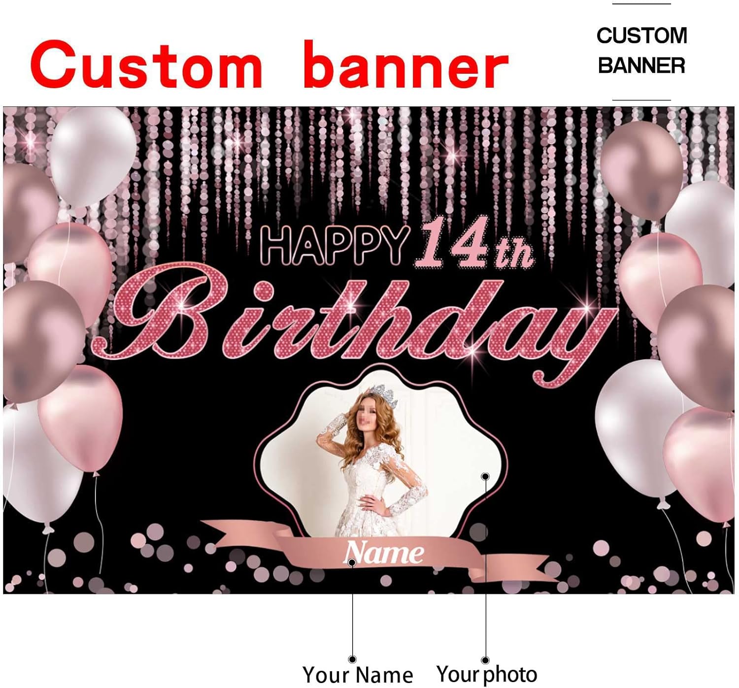 Cartel de decoración de feliz cumpleaños número 14 de oro rosa, tamaño grande, personalización con nombre y foto compatible