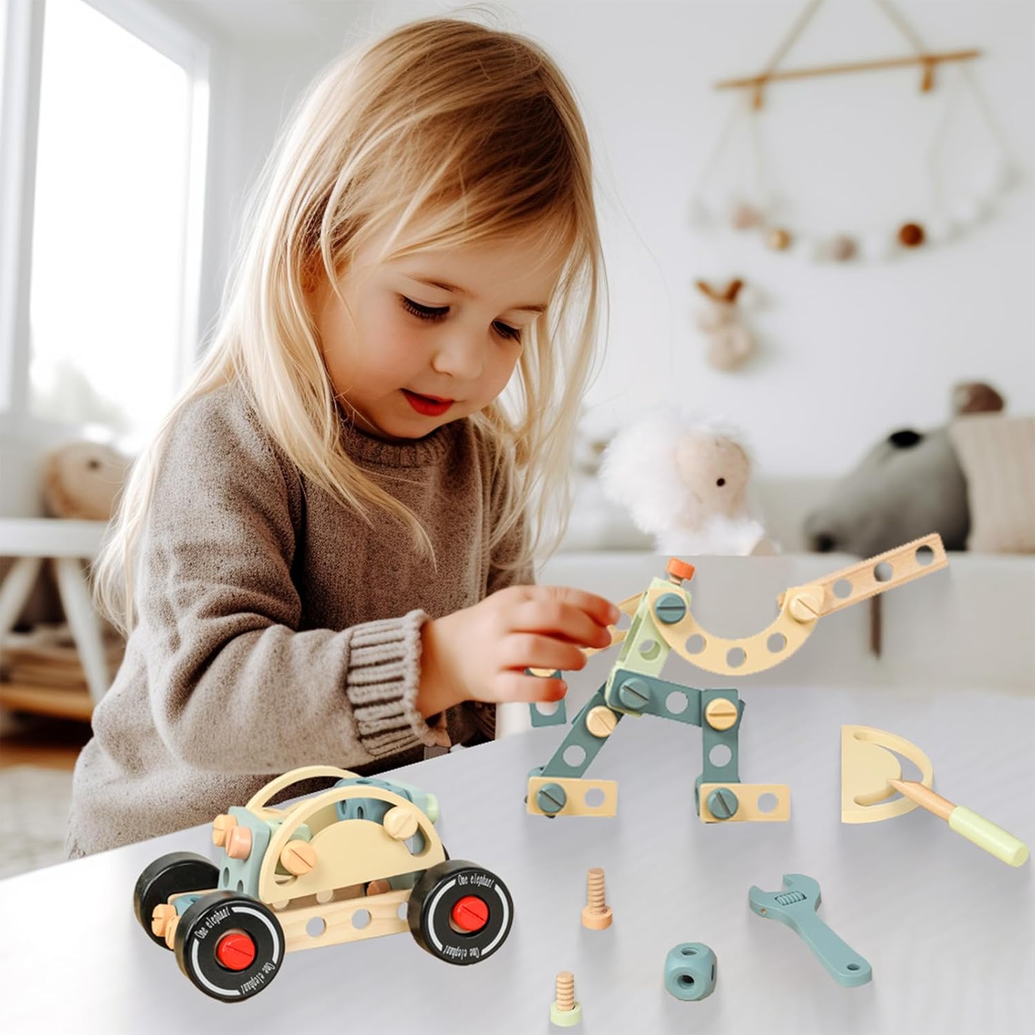 WoodenEdu Juego de herramientas para niños, juguetes Montessori de madera para niños y niñas de 3, 4 y 5 años, kits de herramientas de madera para