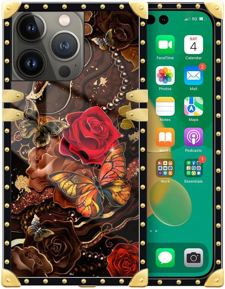 DAIZAG Funda compatible con iPhone 14 Pro Max, funda de mariposa dorada de cártamo para niñas y mujeres, decoración cuadrada de esquinas de metal,