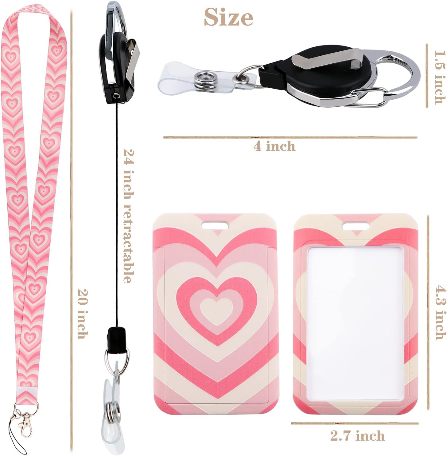Soporte para tarjeta de identificación rosa con cordón, carrete retráctil con clip para cinturón, protector de manga de identificación vertical para