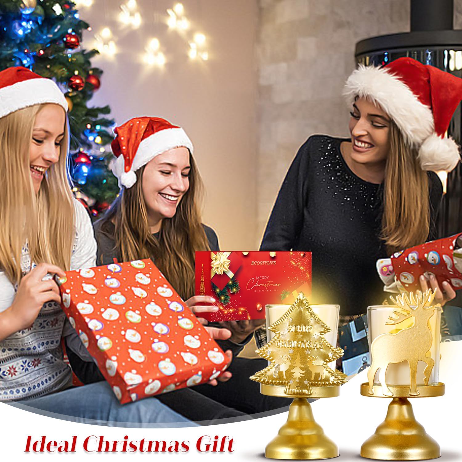 Portavelas de Navidad, decoración de mesa rústica pequeña con elegante diseño de reno dorado, juego de 3 portavelas de pilar mental, centros de mesa
