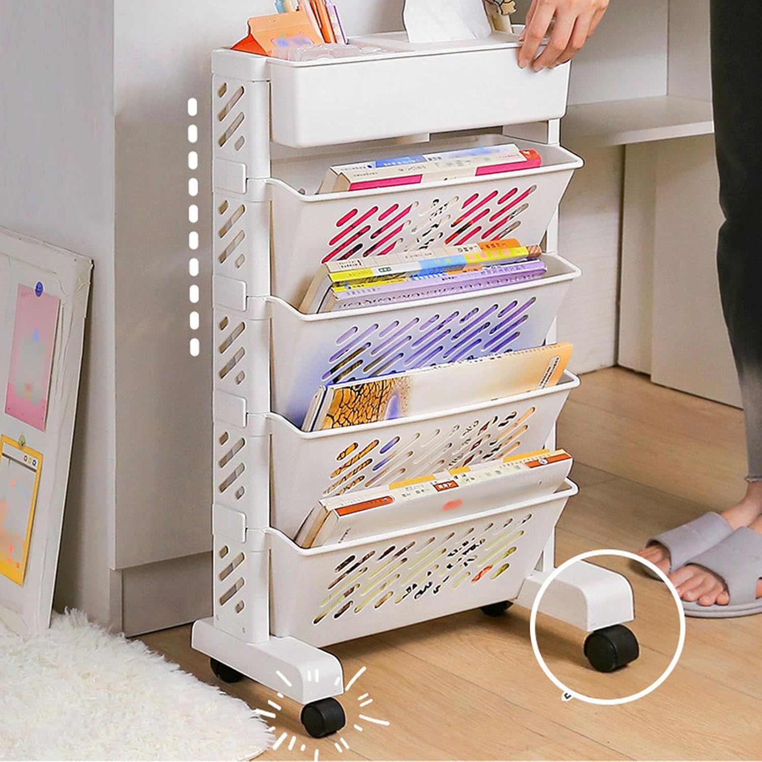 Estante organizador de almacenamiento blanco, estantería movible de plástico extraíble para sala de estudio en el hogar (5 capas)