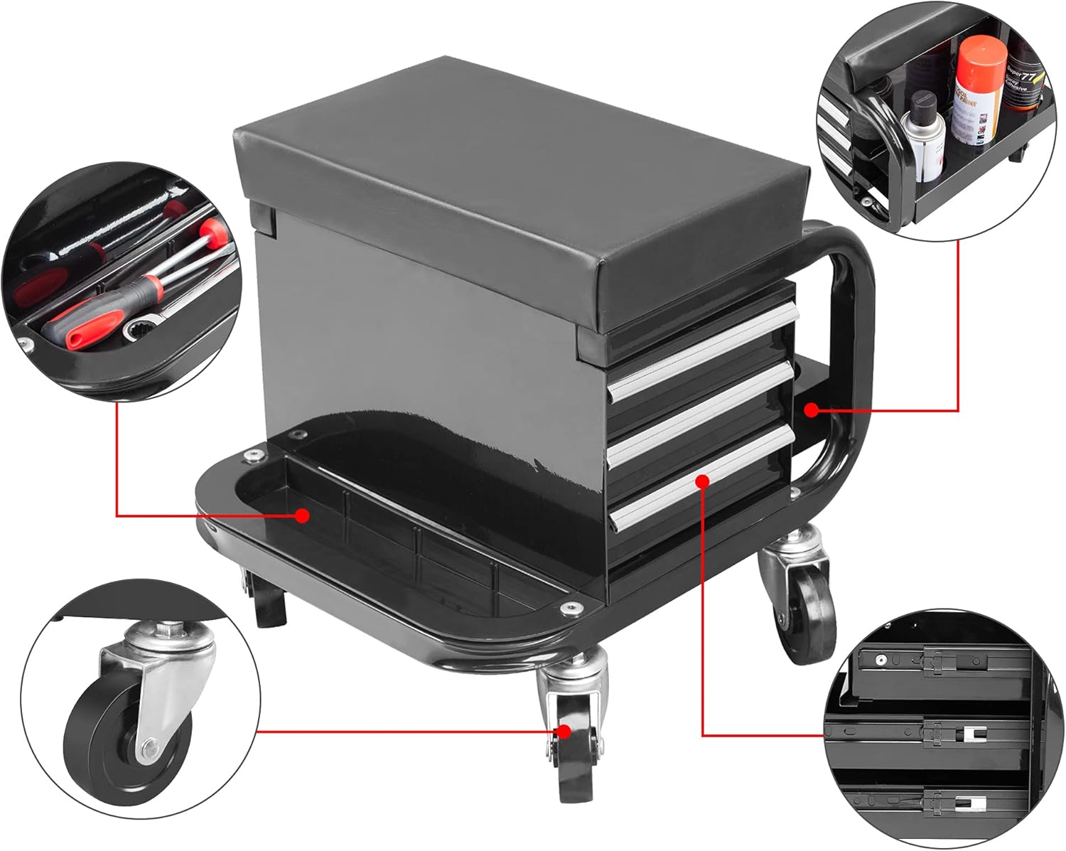 APD2016AD Torin – Caja de herramientas con 3 cajones y ruedas, asiento acolchado para taburete, color negro